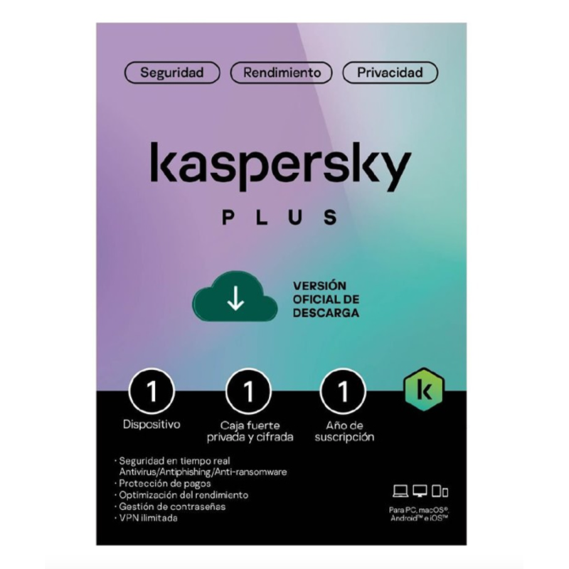 Licencia Antivirus Kaspersky Plus 1 Dispositivo 1 Año KL1042DDAFS