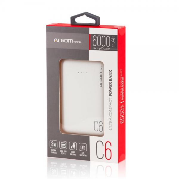 POWER BANK ARGOM C6 POWER BANK 6000MAH USB DOBLE LED ARG-PB-1136WT BLANCO